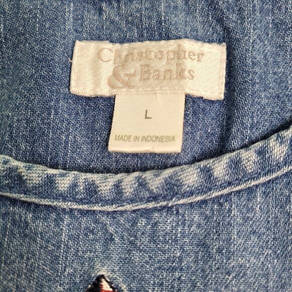 Americana Sleeveless Blue Embroidered Denim Top size Large Christopher & Banks - Picture 6 of 8